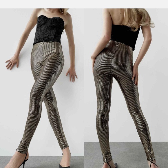 Zara Gold Sequin Mirrored Leggings NEW L - Picture 1 of 16